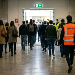Groupe en cours d'évacuation, guide file et serre file visible